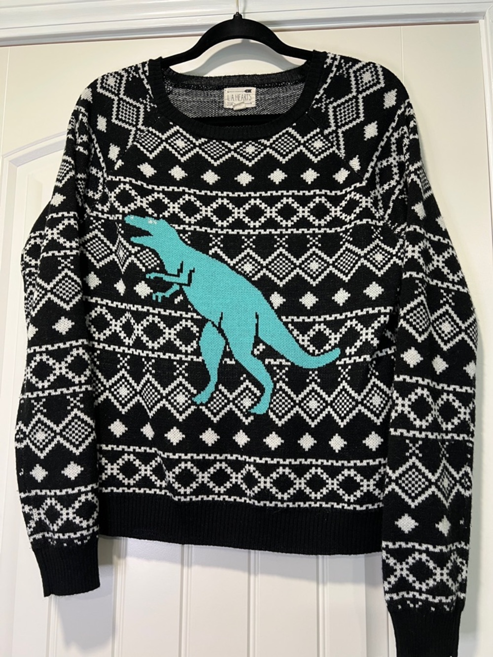 La Hearts Black & Teal Fair Isle Sweater with Dinosaur